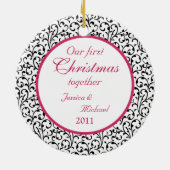 Eerste kerst samen Chic Floral Foto Keramisch Ornament (Achterkant)