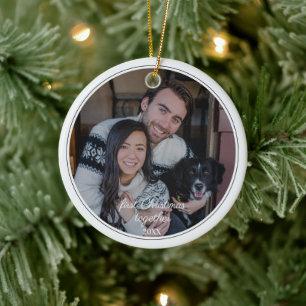 Eerste kerst samen familie huisdier foto keramisch ornament