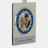 Eerste kerst samen foto blauw zilver verzilverd banner ornament (Rechts)