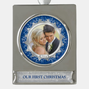 Eerste kerst samen foto blauw zilver verzilverd banner ornament