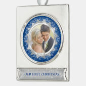 Eerste kerst samen foto blauw zilver verzilverd banner ornament (Links)