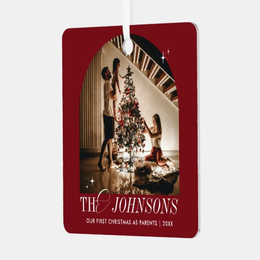 Eerste kerst samen foto elegant rood script metalen ornament (Voorkant links)