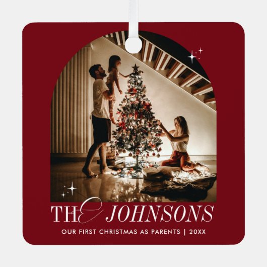 Eerste kerst samen foto elegant rood script metalen ornament (Voorkant)