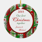 Eerste kerst samen foto Snoep strepen Keramisch Ornament (Achterkant)