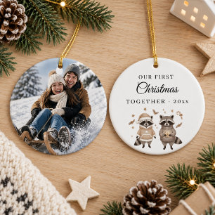 Eerste kerst samen foto wasbeer koppel keramisch ornament