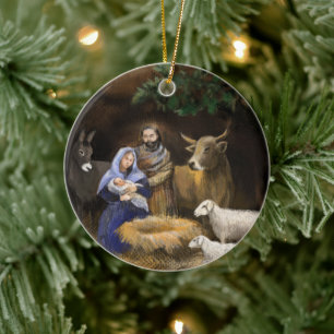 Eerste kerst samen kerststal keramisch ornament