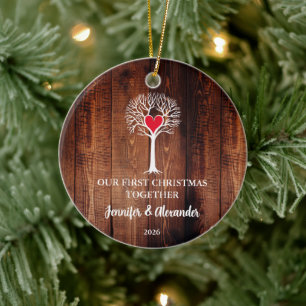 Eerste kerst samen liefdesboom houten foto keramisch ornament