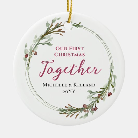 Eerste kerst samen Minimal Wreath Foto Keramisch Ornament (Voorkant)