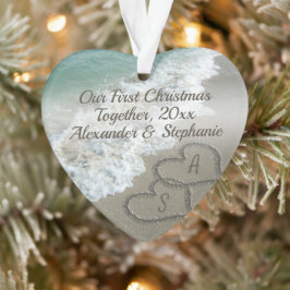 Eerste kerst samen paar harten strand zand ornament