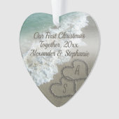 Eerste kerst samen paar harten strand zand ornament (voorkant)