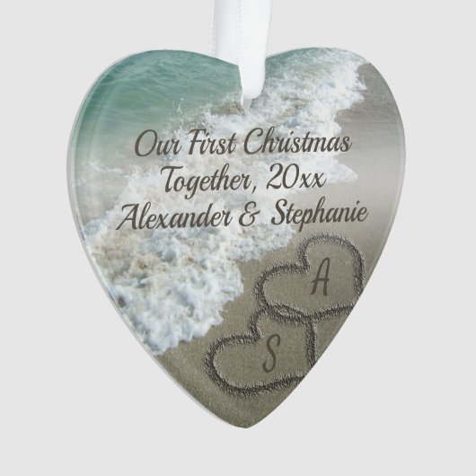 Eerste kerst samen paar harten strand zand ornament (voorkant)