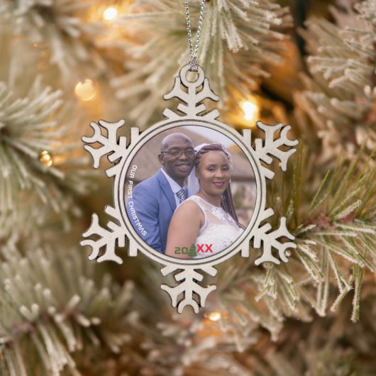 Eerste kerst sneeuwvlok Pewter Foto Ornament (Boom)