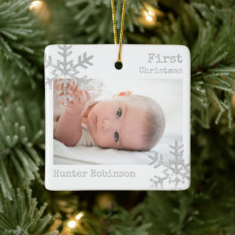 Eerste kerst-sneeuwvlokfoto van baby keramisch ornament