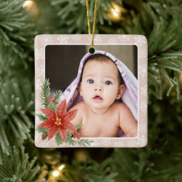 Eerste kerst Sneeuwvlokken Bloemen Roze Foto Gift Keramisch Ornament