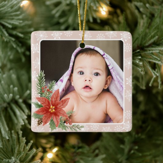 Eerste kerst Sneeuwvlokken Bloemen Roze Foto Gift Keramisch Ornament (Boom)