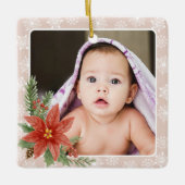 Eerste kerst Sneeuwvlokken Bloemen Roze Foto Gift Keramisch Ornament (Voorkant)