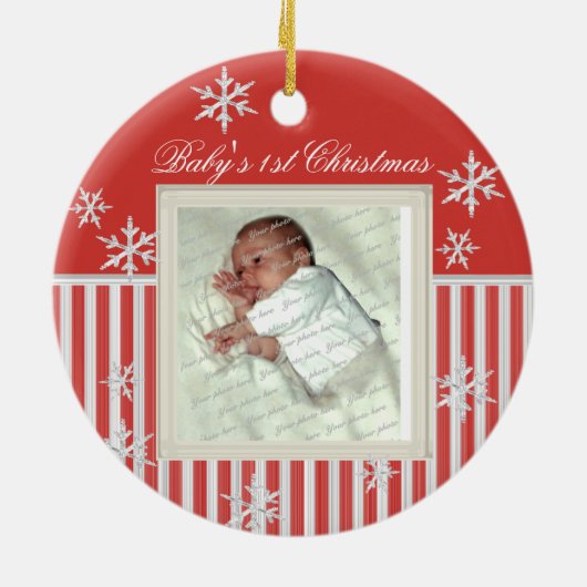 Eerste kerst sneeuwvlokken rood keramisch ornament (Achterkant)