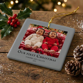 Eerste kerst tweeling baby foto Grijs Keramisch Ornament