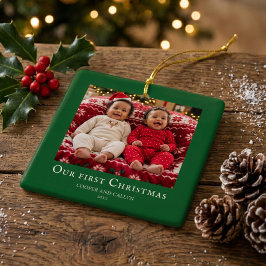Eerste kerst tweeling baby foto Groen Keramisch Ornament