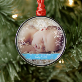 Eerste kerst van baby jongen Sneeuwvlokken Blauw Z Metalen Ornament
