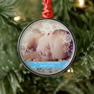 Eerste kerst van baby jongen Sneeuwvlokken Blauw Z Metalen Ornament