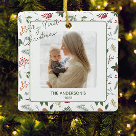 Eerste kerst van de baby, botanische gezinsfoto keramisch ornament