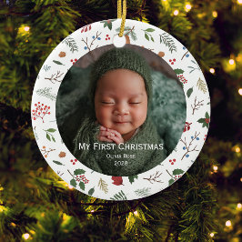 Eerste kerst van de baby, botanische gezinsfoto keramisch ornament