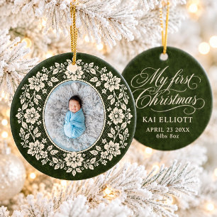 Eerste kerst van de baby Crème kant Groen geboorte Keramisch Ornament