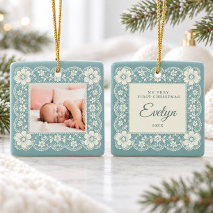 Eerste kerst van de baby Crème kant Turquoise groe Keramisch Ornament