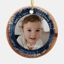 Eerste kerst van de baby denim rustieke houten pla