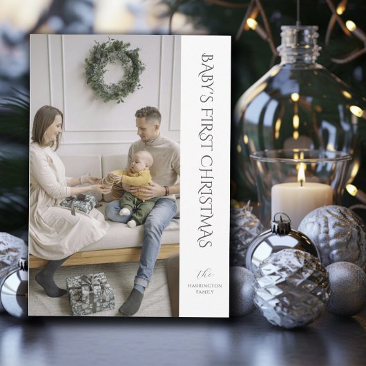 Eerste kerst van de baby familie foto feestdagenkaart