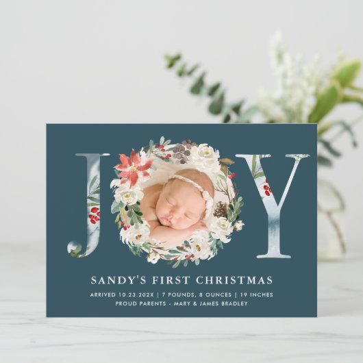 Eerste kerst van de baby JOY Poinsettia Bloem Foto Feestdagenkaart (Staand voorkant)