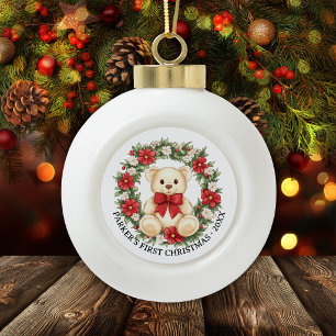 Eerste kerst van de baby, knuffelbeer en bloemenkr keramische bal ornament