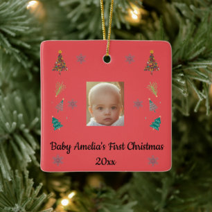 Eerste kerst van de baby, rode foto-ornament keramisch ornament