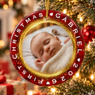 Eerste kerst van de baby, rood-gouden foto-aandenk keramisch ornament
