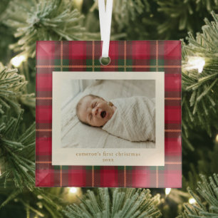 Eerste kerst van de baby Rood groen geruit pasgebo Glas Ornament