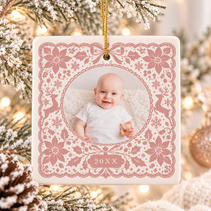 Eerste kerst van de baby Stof Roze Kant Vierkant F Keramisch Ornament