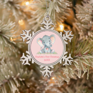 Eerste kerst van de baby watercolor olifant roze tin sneeuwvlok ornament