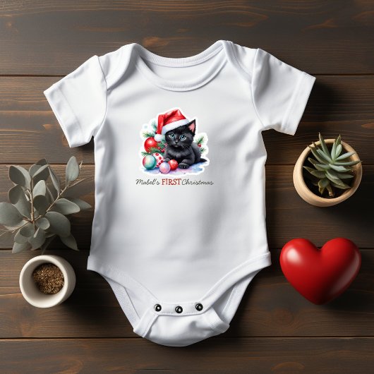 Eerste kerst van de baby Zwarte kat met kerstmanne Romper