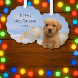 Eerste kerst van de puppy-souvenir ornament kaart