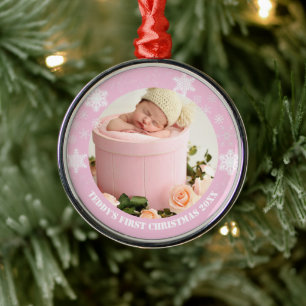 Eerste kerst van een roze baby metalen ornament
