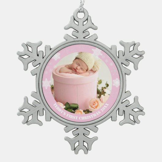 Eerste kerst van een roze baby tin sneeuwvlok ornament (Voorkant)