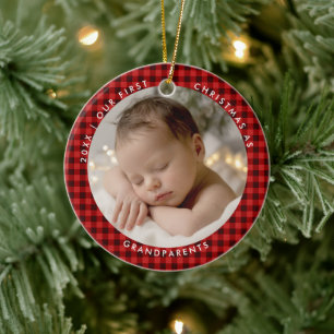 Eerste kerst van grootouders Buffalo Checks-foto Keramisch Ornament