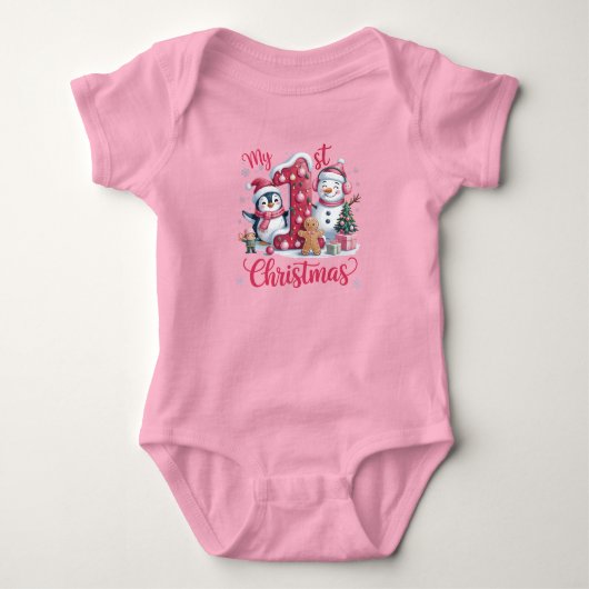 Eerste kerst van het kleine meisje Roze Romper (Voorkant)