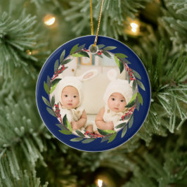 Eerste kerst van tweeling Waterverfkrans Foto Blau Keramisch Ornament
