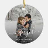 Eerste kerst verloofd 2-foto wit schrift keramisch ornament (Voorkant)