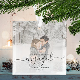 Eerste kerst verloofd aangepaste foto grijs schrif glas ornament