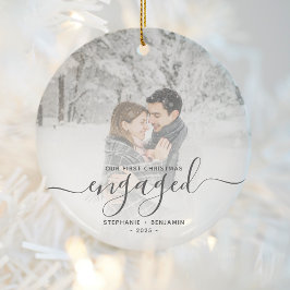 Eerste kerst verloofd aangepaste foto grijs schrif keramisch ornament
