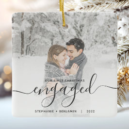 Eerste kerst verloofd aangepaste foto grijs schrif keramisch ornament