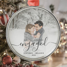 Eerste kerst verloofd aangepaste foto grijs schrif metalen ornament